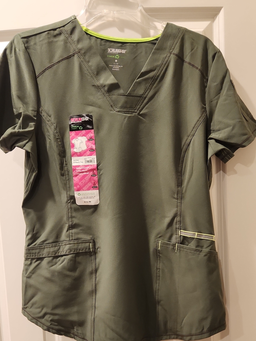 Scrubstar WoMen's V-Neck Scrub Top in Olive with Lime Trim